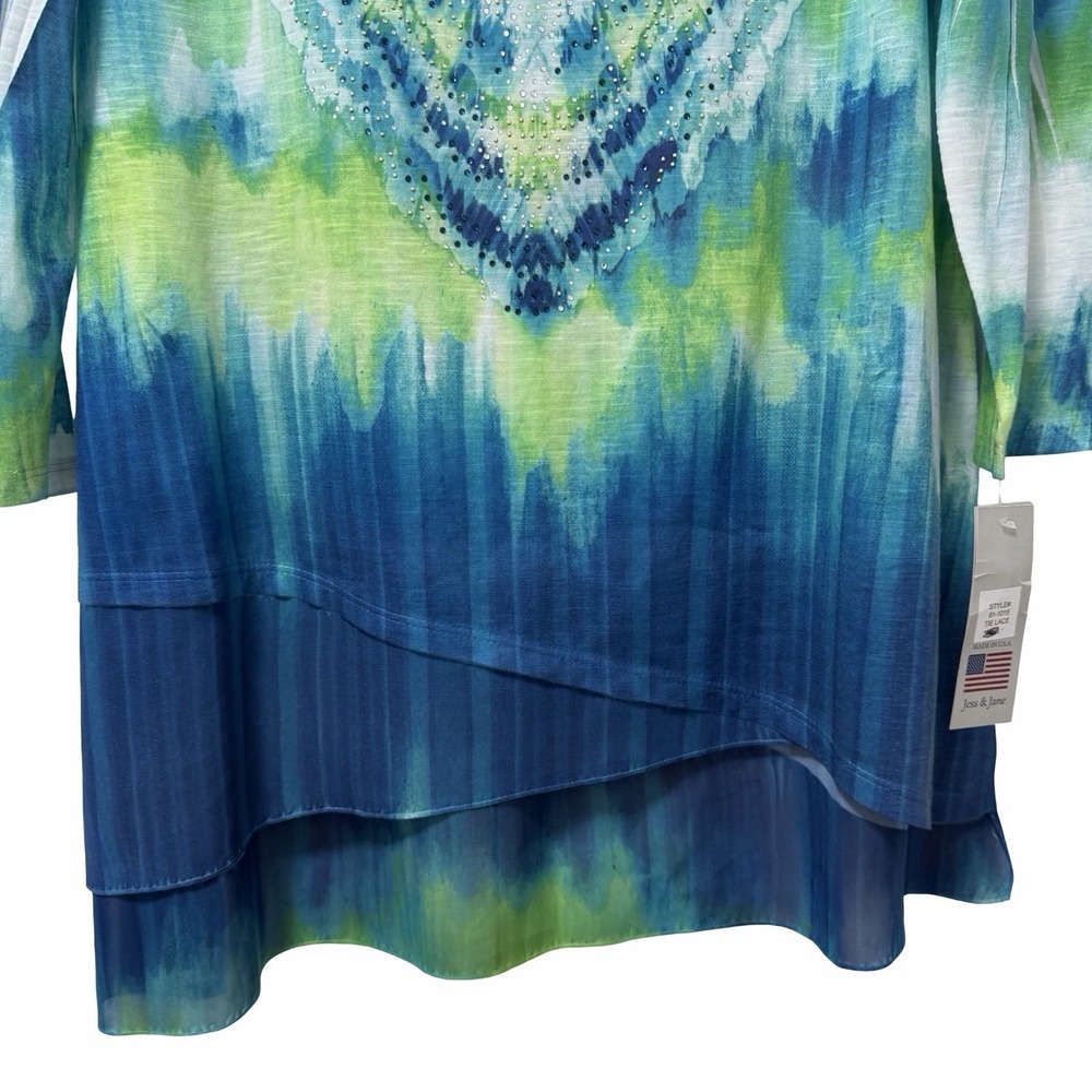 Jess & Jane Rhinestone Tie Dye Top Size L Blue Lightweight‎ Artsy 3/4 Sleeve NEW - Picture 6 of 9